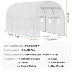 Walk-in Tunnelväxthus 14,6x6,36x6,3ft, Galvaniserad Ram, PE-Överdrag, Vit, Stort Utrymme, Hållbar Konstruktion
