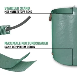 3X trädgårdsavfallspåsar med handtag - 272L hög kapacitet & dubbel botten - UV-stabil och vattenavvisande - Återanvänd trädgårdspåse